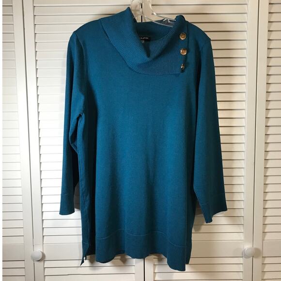Cable & Gauge Sweaters - Cable & Gauge Blue Cowl-Neck Long Sleeve Sweater 1X